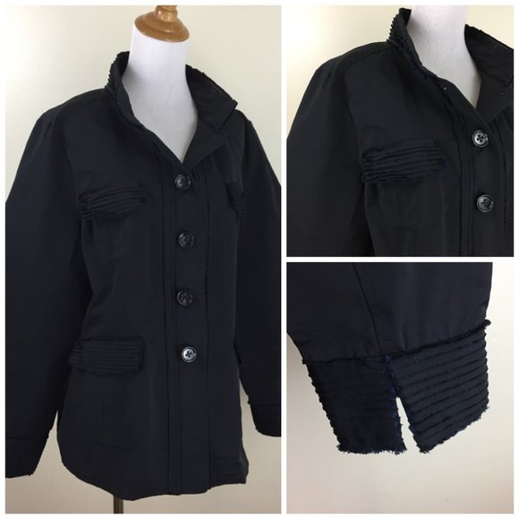 JANE POST Italy Black Layered Mini Pleats Detail Flap Pockets Long Sleeve Jacket